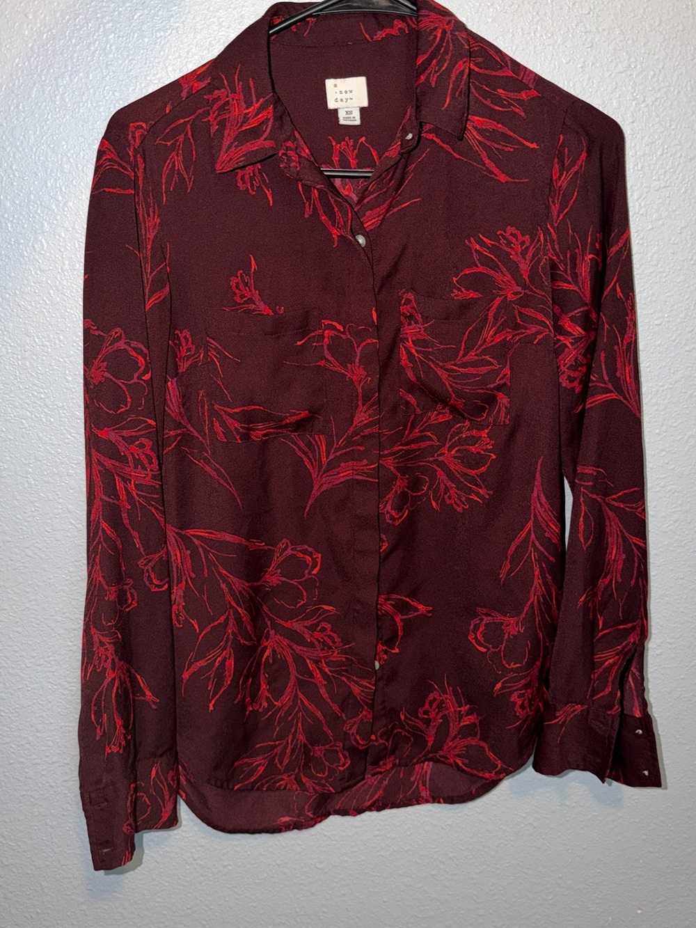 a new day Burgundy Floral Button-Down Shirt with Red Print